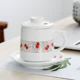 赐禄德化茶杯陶瓷套装带盖过滤四件套泡茶老板长辈家用喝水会议杯子 月光白-红梅（简装）