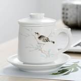 赐禄德化茶杯陶瓷套装带盖过滤四件套泡茶老板长辈家用喝水会议杯子 喜鹊报春（简装）