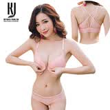 KJ文胸无钢圈内衣女性感蕾丝前扣美背聚拢上托小胸罩内衣内裤套装薄 粉色 80A =36A(配内裤)