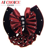 AiChoice蝴蝶结水钻职业头花空姐发夹银行护士酒店发网流行头饰品头饰发饰 酒红色