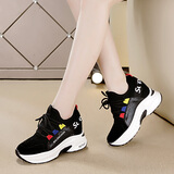 莱然休闲鞋内增高女鞋子磨砂牛皮厚底运动鞋拼色坡跟单鞋2025秋冬棉鞋 黑色加绒 37