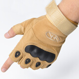 户外战术手套户外手套 防滑军迷防割登山格斗运动健身手套拳击军迷用品 沙色半指款(防护壳) XL