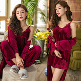 KJ睡衣女性感吊带睡裤睡裙睡袍四件套装金丝绒V领加厚可外穿家居服 四件套装酒红色 L （103-118斤）