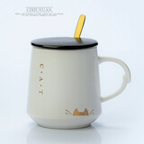 瓷秀源马克杯带盖带勺牛奶杯子陶瓷创意水杯女咖啡杯欧式情侣杯 小金猫-A款
