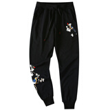 简拓2024夏季梅花刺绣文艺卫裤男士 嘻哈时尚休闲长裤男黑色束脚裤 黑色 XL