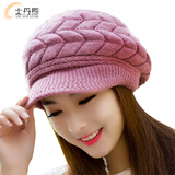 士丹熊保暖帽 女士韩版秋冬天针织鸭舌子毛线帽兔毛帽潮冬季双层保暖护耳 深粉色