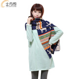 士丹熊围巾 韩版时尚围脖秋冬季新款男女学生毛线针织双面小鹿情侣加厚保暖围巾 蓝米色