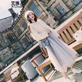 艾珠儿连衣裙秋冬季新款小香风气质淑女毛衣配网纱套装裙子女神范时髦 米白色 S