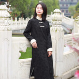 乱在江南新中式棉麻印花连衣裙修身显瘦冬季立领盘扣加绒中长裙 黑色 M