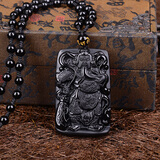 海清正堂黑曜石吊坠项链 金耀石关公项坠挂链男生守护神挂坠子 带证书 磨砂黑曜石全珠链款