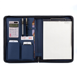 朗捷 商务A4皮质文件夹拉链包 多功能销售夹 销讲资料夹经理夹带计算器 12位太阳能计算器+蓝色