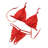 私尚 情趣内衣 蕾丝开档三点式 性感比基尼透明诱惑 游戏制服套装 均码 120斤内 8267红色