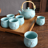 古笙记手工描金景德镇陶瓷提梁壶功夫茶具套装家用现代中式茶壶茶杯茶盘 青瓷梅花