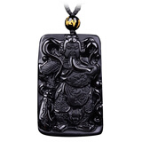 海清正堂黑曜石吊坠项链 金耀石关公项坠挂链男生守护神挂坠子 带证书 磨砂黑曜石编织绳款