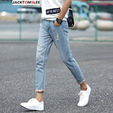 JACKTOMSLEE新款破洞九分裤男修身韩版牛仔裤磨破小脚裤百搭印花翻边小窄脚紧身铅笔裤 复古蓝 28(2尺1)
