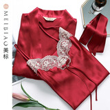 美标商场同款真丝睡衣女春秋睡袍本命年红性感睡裙100%桑蚕丝家居服 枣红（套装） L (165)