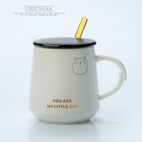 瓷秀源马克杯带盖带勺牛奶杯子陶瓷创意水杯女咖啡杯欧式情侣杯 小金猫-D款