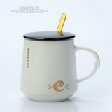 瓷秀源马克杯带盖带勺牛奶杯子陶瓷创意水杯女咖啡杯欧式情侣杯 小金猫-C款