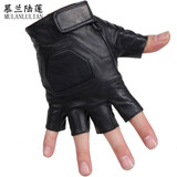 慕兰陆莲真皮半指手套男士韩版羊皮骑行手套防滑摩托车开车手套露指学生骑车减震霹雳手套加内衬 黑色 L