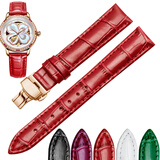 真皮手表带适配飞亚达四叶草LA8262.GWSS女士红紫绿白黑色亮光蝴蝶扣漆面皮表带16 18MM 红色-蝴蝶扣 16mm