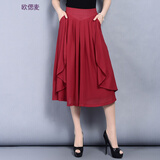 欧偲麦 雪纺阔腿裤女春秋女裤子女休闲裤女士七分裤薄款宽松高腰 7888 红色 2XL/30码-2尺3