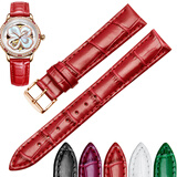 真皮手表带适配飞亚达四叶草LA8262.GWSS女士红紫绿白黑色亮光蝴蝶扣漆面皮表带16 18MM 红色-针扣 16mm