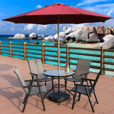宝晶恒源户外桌椅庭院花园别墅组合阳台室外铁艺家具休闲太阳伞折叠椅露天 80圆桌+4折叠椅+酒红色伞