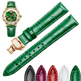 真皮手表带适配飞亚达四叶草LA8262.GWSS女士红紫绿白黑色亮光蝴蝶扣漆面皮表带16 18MM 绿色-蝴蝶扣 16mm