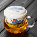 美斯尼 玻璃茶杯茶水分离水杯陶瓷过滤内胆办公室茶杯茶具高硼硅泡茶杯 蓝荷（300毫升）
