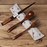 和风四季环保套装筷子勺子叉子布袋套装绕线木勺筷套日式便携餐具创意礼品 棕点袋+筷+勺+叉(棕)