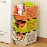 Inomata日本进口带滑轮可叠加收纳篮厨房收纳筐置物架 夹缝整理储物筐 水果蔬菜收纳筐 橙色+绿色+米色