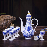 九楼阁 景德镇青花高温陶瓷仿古白酒酒壶酒杯酒具套装高脚杯酒具1壶10杯 缠枝莲 泡沫安全包装--不含托盘