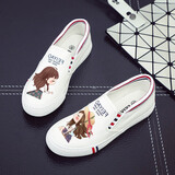 凯威六超新款懒人一脚蹬帆布鞋女学生夏季鞋卡通涂鸦韩版平底布鞋 美女五号 白色 36