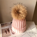 帽子女冬季韩版毛线帽仿貉子毛球冬天加绒加厚保暖学生护耳套头针织帽冬帽可爱 浅粉色 通码