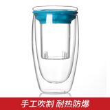 KARPHOME卡普家居三件式泡茶杯多颜色茶水分离杯耐热双层玻璃杯子茶隔杯盖设计过滤内胆水杯 450ML蓝色