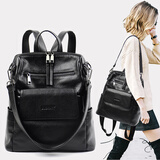 荟妮双肩包女真皮头层牛皮时尚大容量两用软皮上班旅行女式女包包背包 黑色