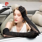 皮尔卡丹防晒手套女夏薄长款蕾丝户外开车防嗮紫外线冰丝袖套遮阳冰袖护臂 A款全指-黑色