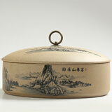 正扬 老岩泥粗陶土茶叶罐大号普洱陶瓷茶罐 茶饼盒 七子饼储存罐 醒茶罐子 粗陶普洱罐三片装-富春山居图