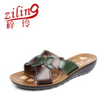 恒有福真皮妈妈拖鞋女夏季外穿软底防滑中老年凉鞋外出老人坡跟中年凉拖 棕色 35