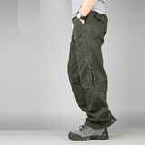奕久久新款休闲裤男棉质多口袋宽松大码裤工装长裤男裤子 军绿色 M(适合腰2尺4-2尺45)