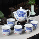 杰艺双层茶具套装 陶瓷茶壶茶杯套装 整套家用青花瓷功夫茶具带茶盘耐热 7头双层茶具(国色天香) 普通安全包装