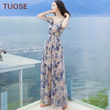 TUOSE 香港潮牌夏季新品韩版显瘦女装V领雪纺露肩吊带连衣裙波西米亚长裙子度假沙滩裙 图片色   L