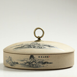 正扬 老岩泥粗陶土茶叶罐大号普洱陶瓷茶罐 茶饼盒 七子饼储存罐 醒茶罐子 粗陶普洱罐单片装-富春山居图