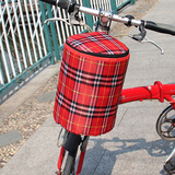 自行车车篮前车筐单车篮折叠车菜篮帆布车篓自行车篮子挂篮儿童单车车篓子 红格子【有盖】+加厚底板