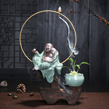 陶云尚创意小和尚茶宠摆件紫砂倒流香炉茶具配件办公艺术摆件茶道摆件 哥窑弥勒佛大号木头摆件