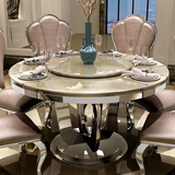 祥冠大理石圆餐桌 现代简约带转盘餐台 欧式可旋转 不锈钢餐桌椅组合 1.3米带转盘
