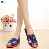 2021春夏新款韩版原宿风春夏透气懒人鞋女式帆布鞋女单鞋低帮平底休闲老北京布鞋女软底鞋舒适 宝蓝色 彩印美女 38