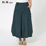 斯琴夏季熟女捏褶明线装饰轻柔宽松纯棉裙裤 七分裙裤11XK021 绿色 L