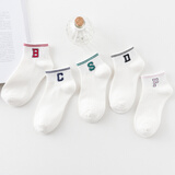 伦洛弗袜子女运动袜子夏棉白色浅口短袜四季款低帮船袜学生女生纯色袜 字母运动女短袜5双装