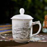 奋行陶瓷景德镇陶瓷礼品泡茶杯带盖子个人杯办公杯水杯茶具茶杯薄胎杯 雪景